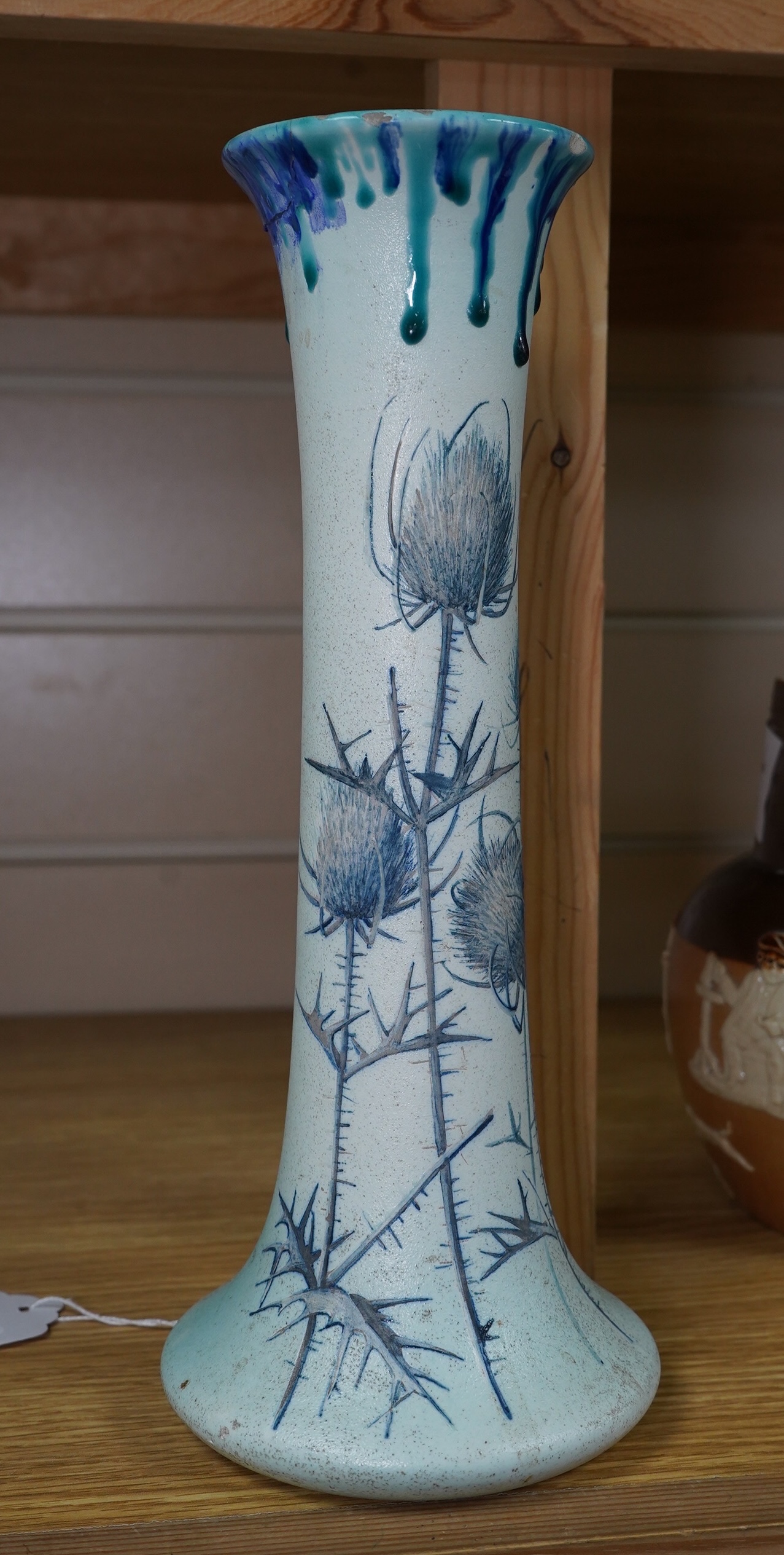 A Delphin Massier Vallauris vase, 28.5cm. Condition - repaired rim chip